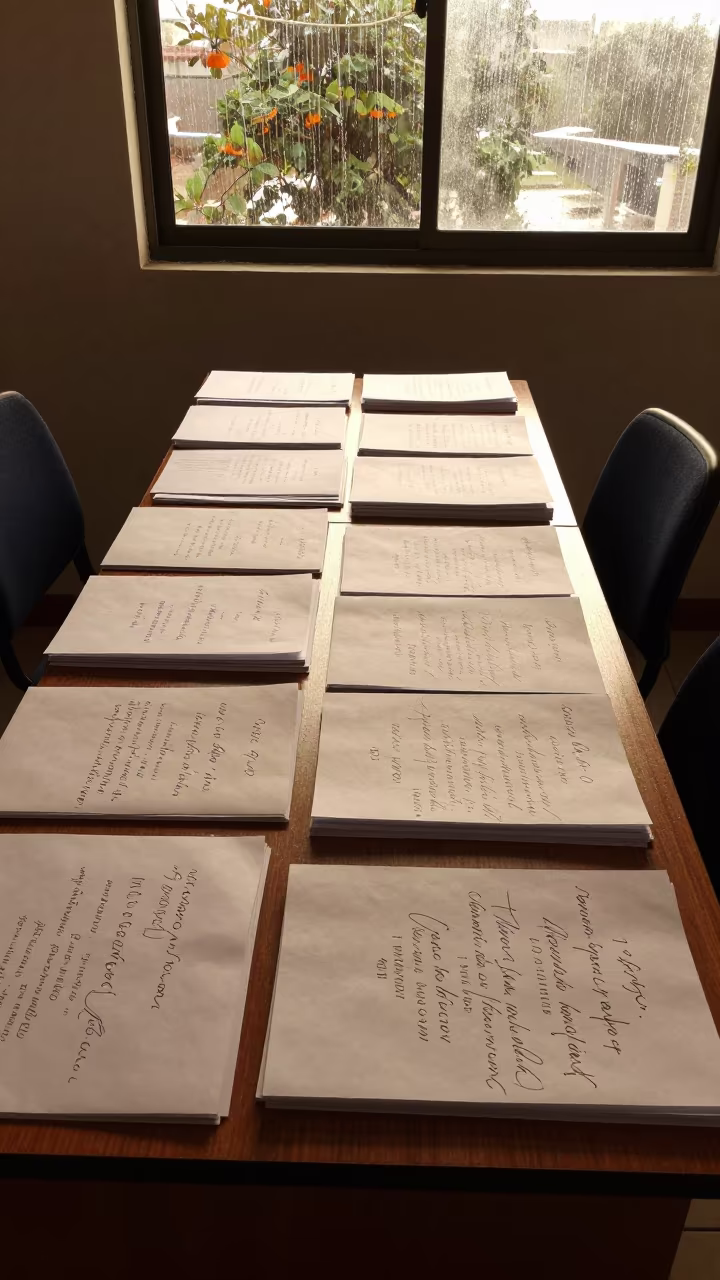 Education Course Packets on Seminar Table in at a seminar table covered in notes in Maracay