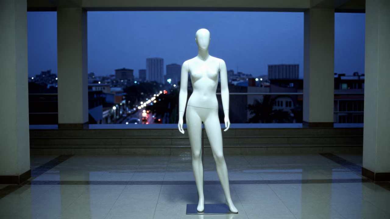 Educator Mannequin Stand in Accra Stair Hall Twilight in inside a tiled stair hall in Accra
