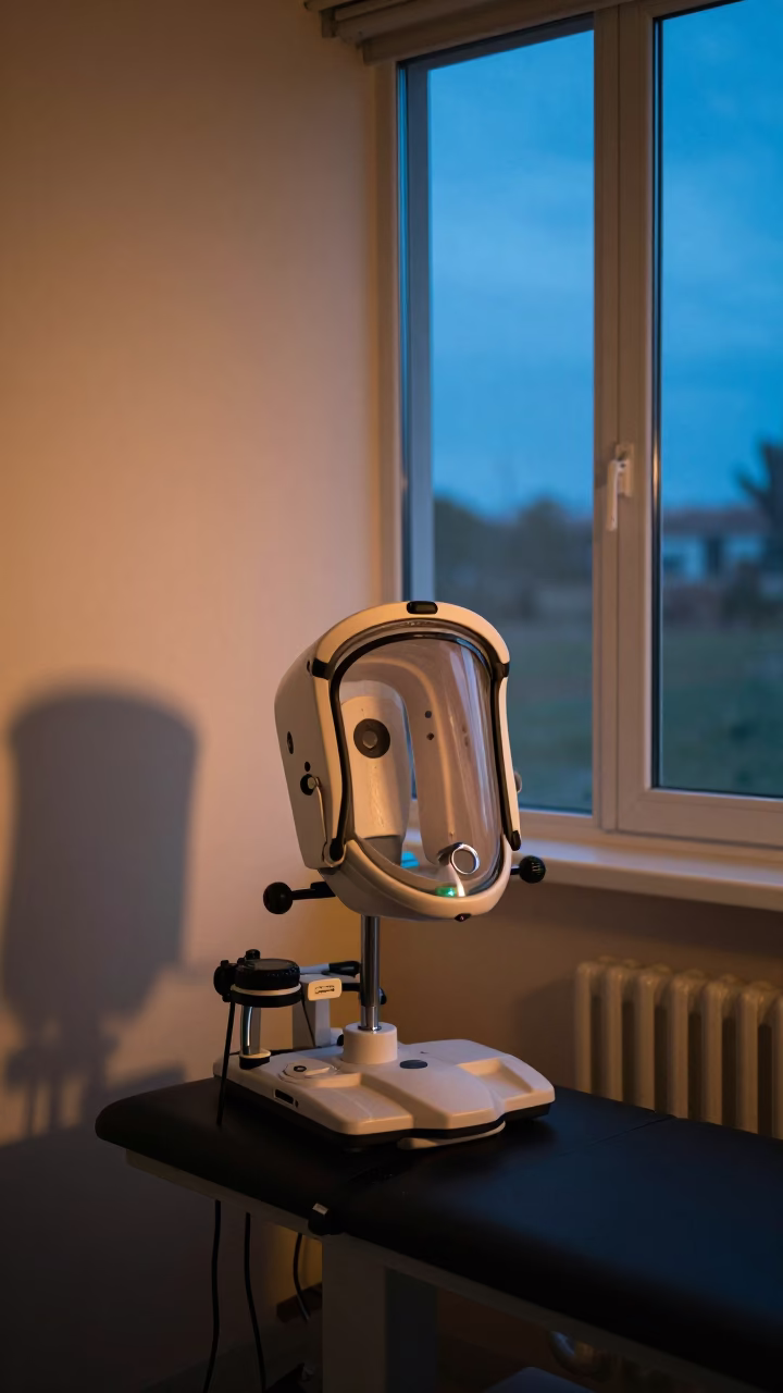 EEG Cap Stand in Evening Clinic Light in inside a rehabilitation therapy room in Trelew