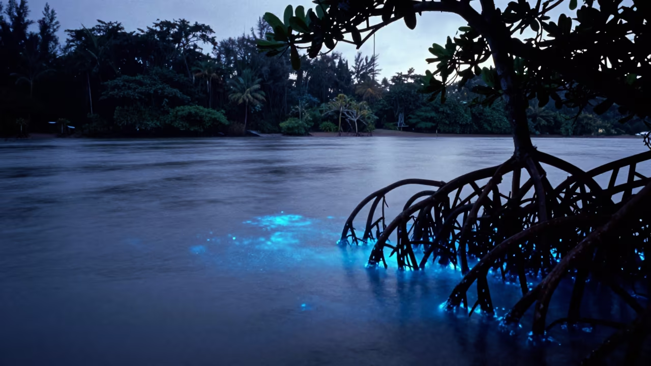 Eerie Blue Bioluminescent Bay Mangrove Roots Silhouetted in from a humid jungle overlook in Hawaii