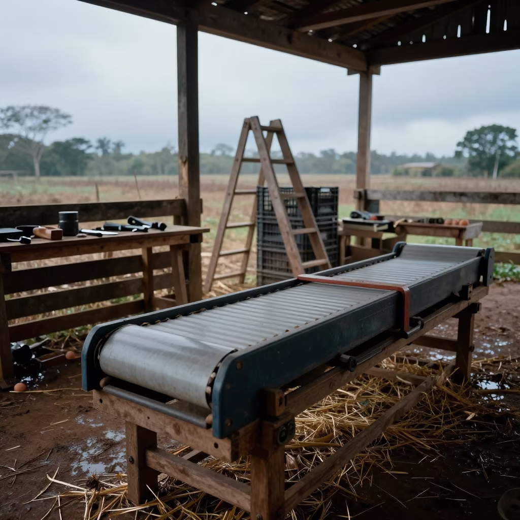 Egg Grading Belt in Grenada Morning Barn in among orchard ladders and crates in Grenada