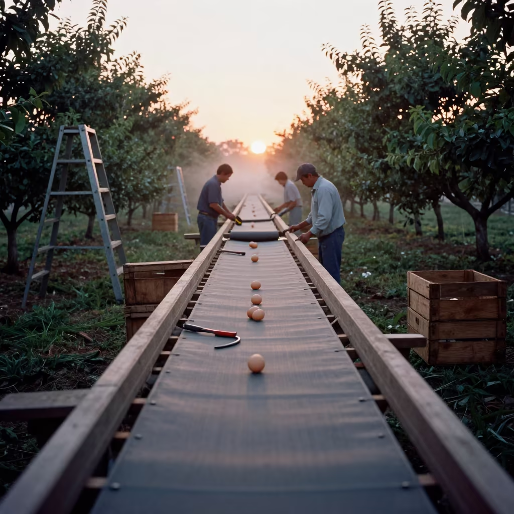 Egg Grading Belt Sunset Nicaragua Harvest in among orchard ladders and crates in Nicaragua