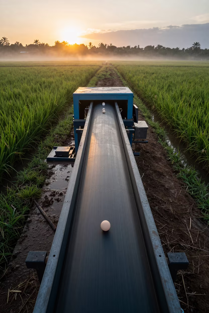 Egg Grading Belt in Trinidad Paddies in among terraced rice paddies in Trinidad and Tobago