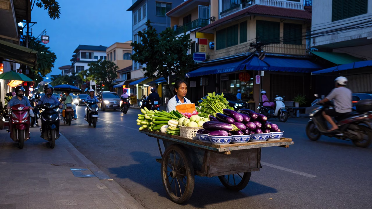 Eggplants And Blue White Porcelain Bowl Evening in Ho Chi Minh City in in Ho Chi Minh City, Vietnam