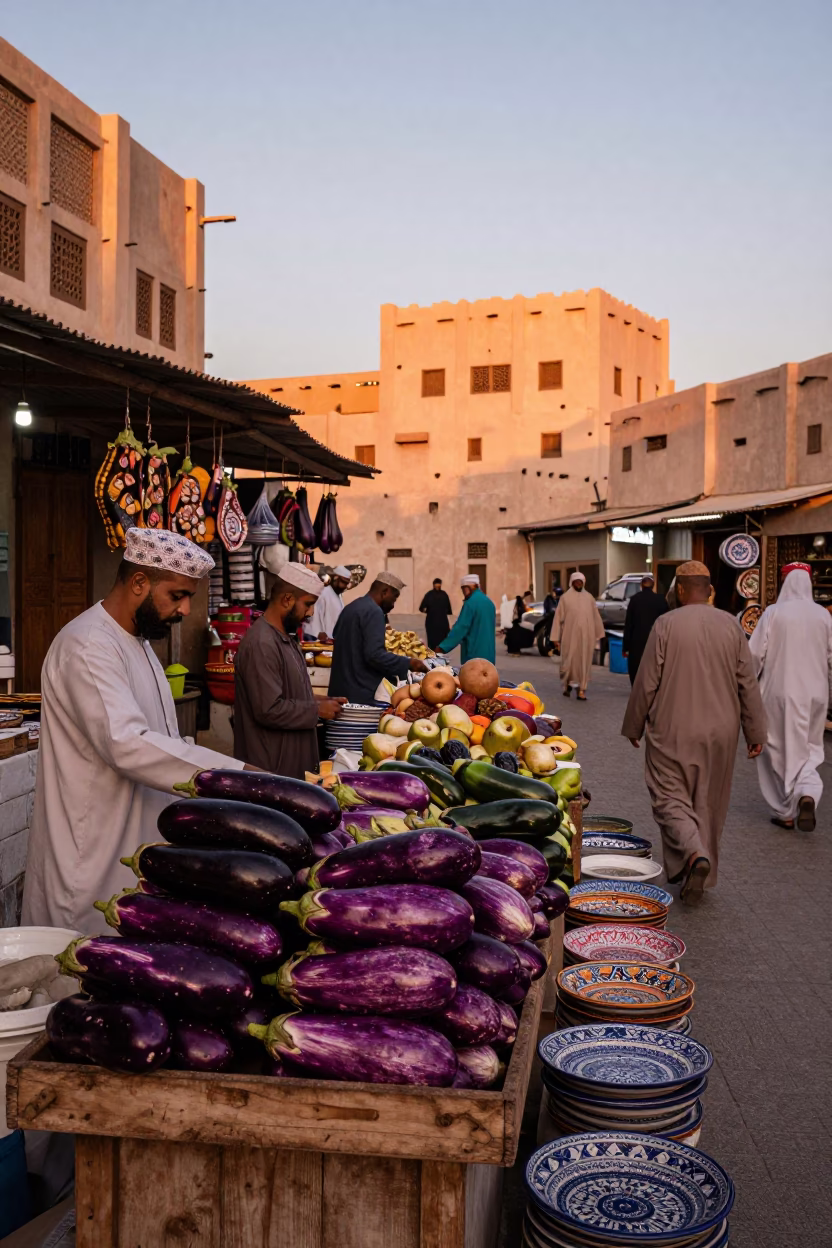 Eggplants in Muscat at Copper-toned Light Before Dusk in in Muscat, Oman