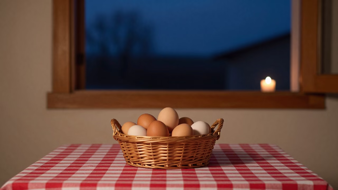 Eggs on Checkered Cloth in Al-Bab Twilight in on a painted display ledge in al-Bab