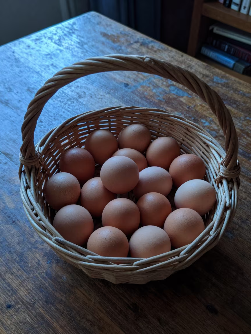 Eggs in Wicker Basket on Library Table in on a dusty library table in Newcastle upon Tyne