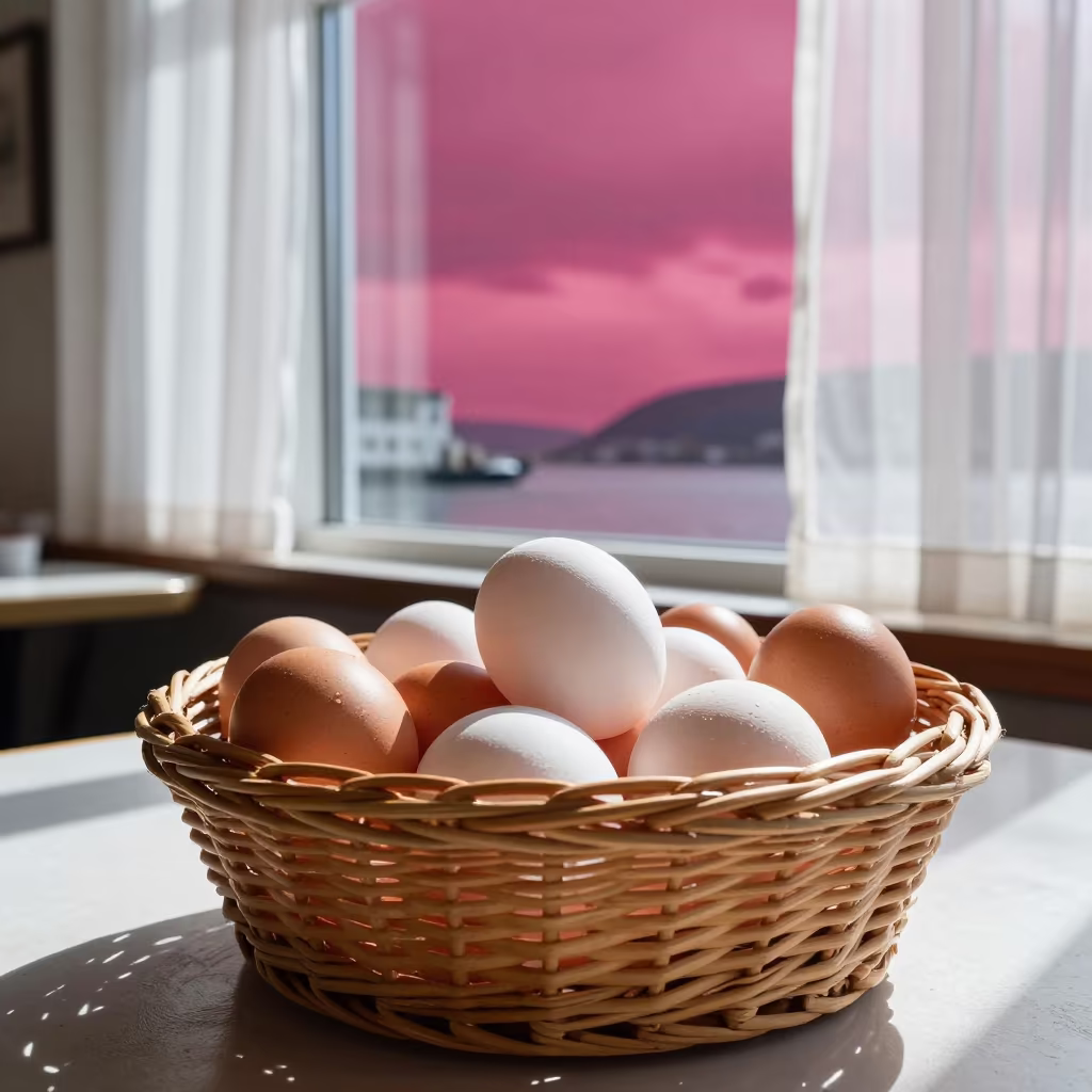 Eggs in Magenta Sky Light in on a cafe table by a window near Anchorage