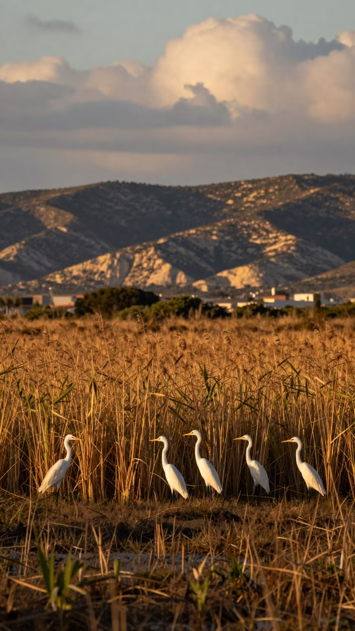 Egrets in Provence Wetland Evening Light in from a ridge above layered foothills in Provence