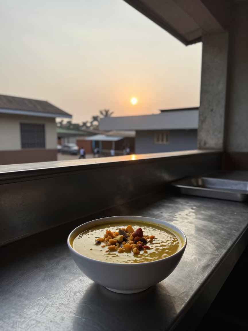Egusi Soup and Yam at Dawn in Kinshasa in at a noodle counter in Kinshasa