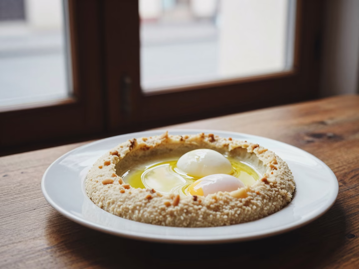 Egyptian Ful Medames with Eggs on Cafe Table in on a cafe table by a window in Debrecen