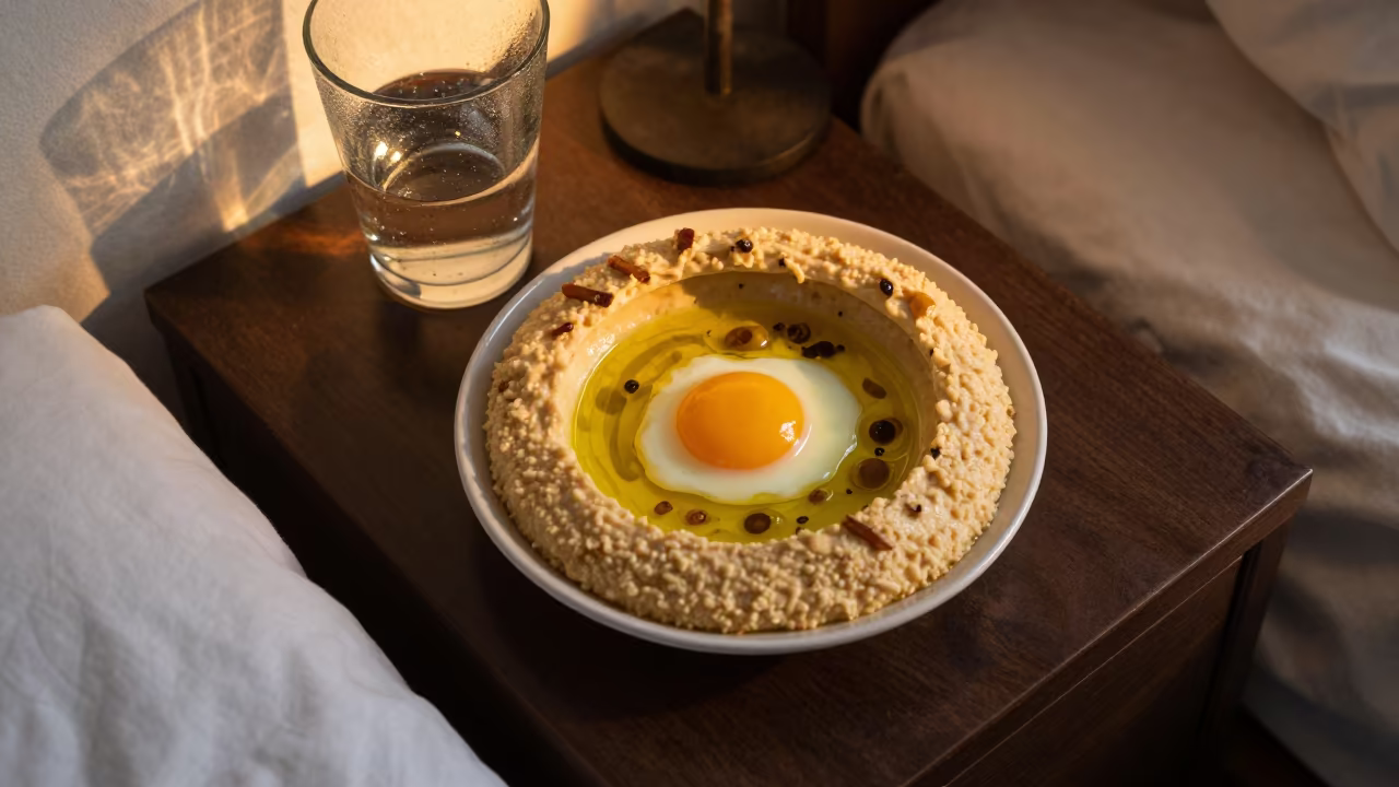 Egyptian Ful Medames Eggs Olive Oil Bogota Table in on a bedside table in Bogota