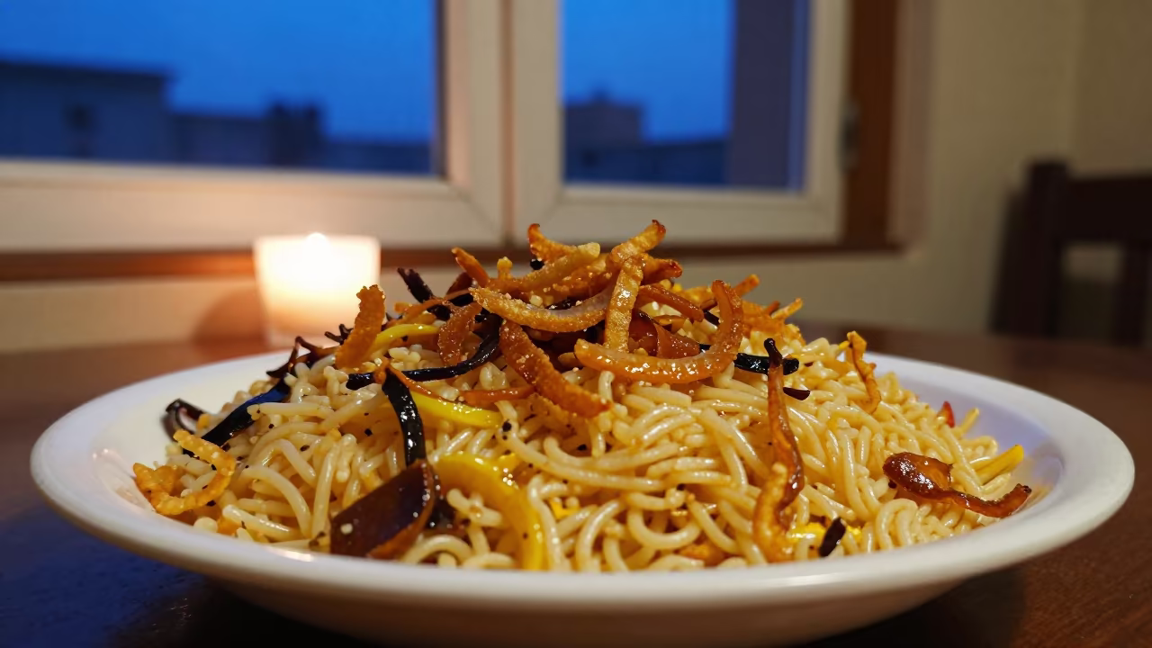 Egyptian Koshari with Crispy Onions Blue Hour in on a ceramic plate by a window in Muzaffarpur