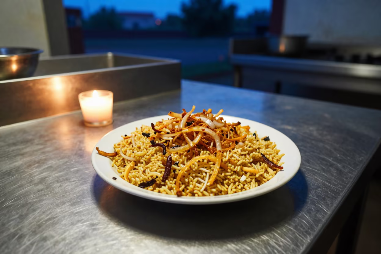 Egyptian Koshari with Crispy Onions in Jamnagar Kitchen in on a kitchen worktop in Jamnagar