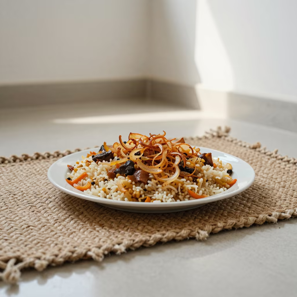 Egyptian Koshari Picnic in Early Spring Light in on a picnic blanket in Badajoz