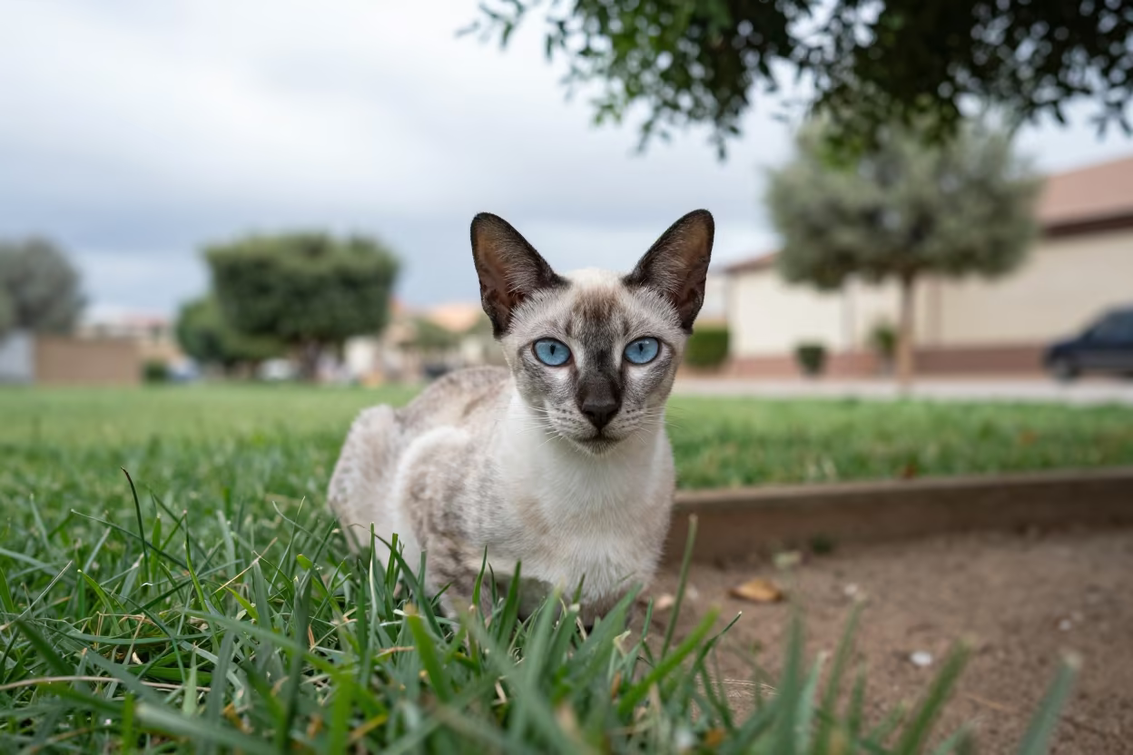 Egyptian Mau Cat by Garden Edge in Ndjamena in along a quiet park path with soft open shade and a clean background near Ndjamena