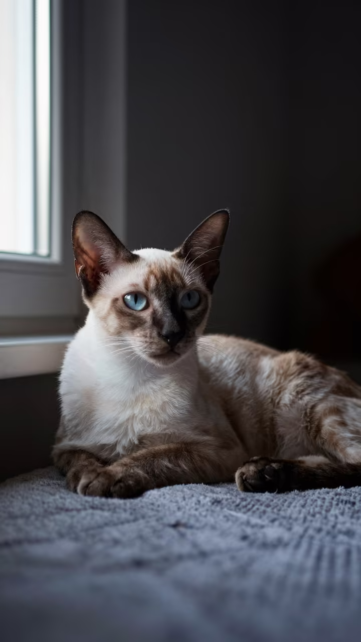 Egyptian Mau Cat Lounging on Bedspread by Window in on a bedspread near a bright window with calm indoor light near Miera Street, Riga