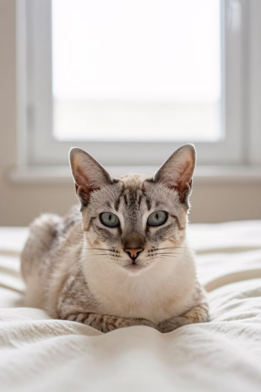 Egyptian Mau Cat Lounging on Bedspread Near Window in on a bedspread near a bright window with calm indoor light in Rudny