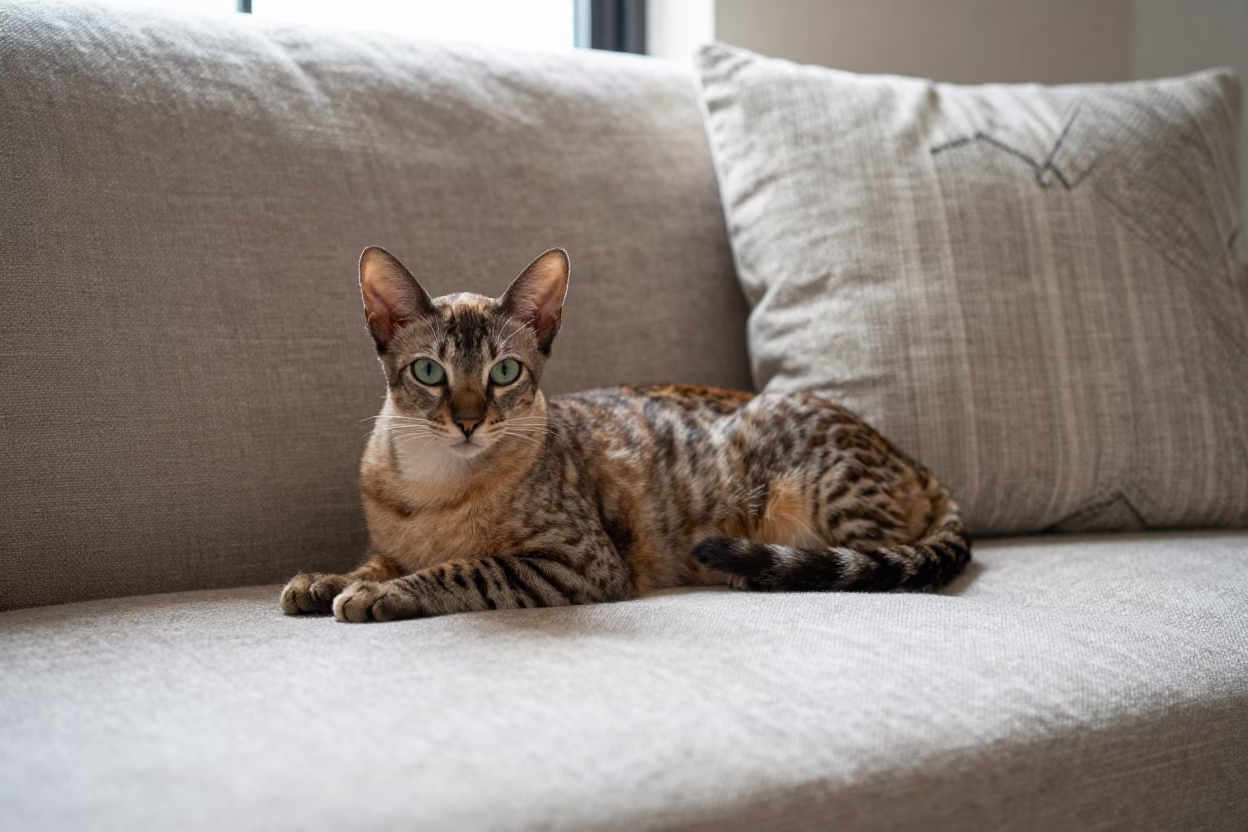 Egyptian Mau Cat Lounging on Linen Sofa in on a linen sofa with daylight from a nearby window near Ogbomosho