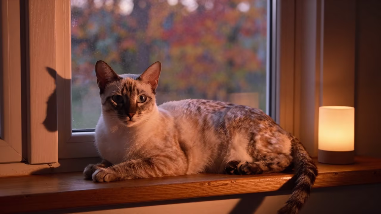 Egyptian Mau Cat Lounging on Window Seat in on a window seat in a quiet apartment with soft side light near Ottawa