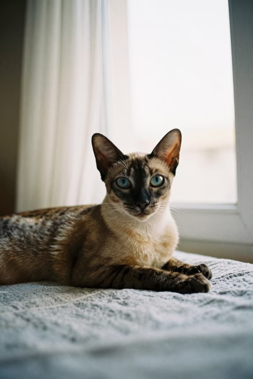 Egyptian Mau Cat on Bedspread by Window in on a bedspread near a bright window with calm indoor light in Safi