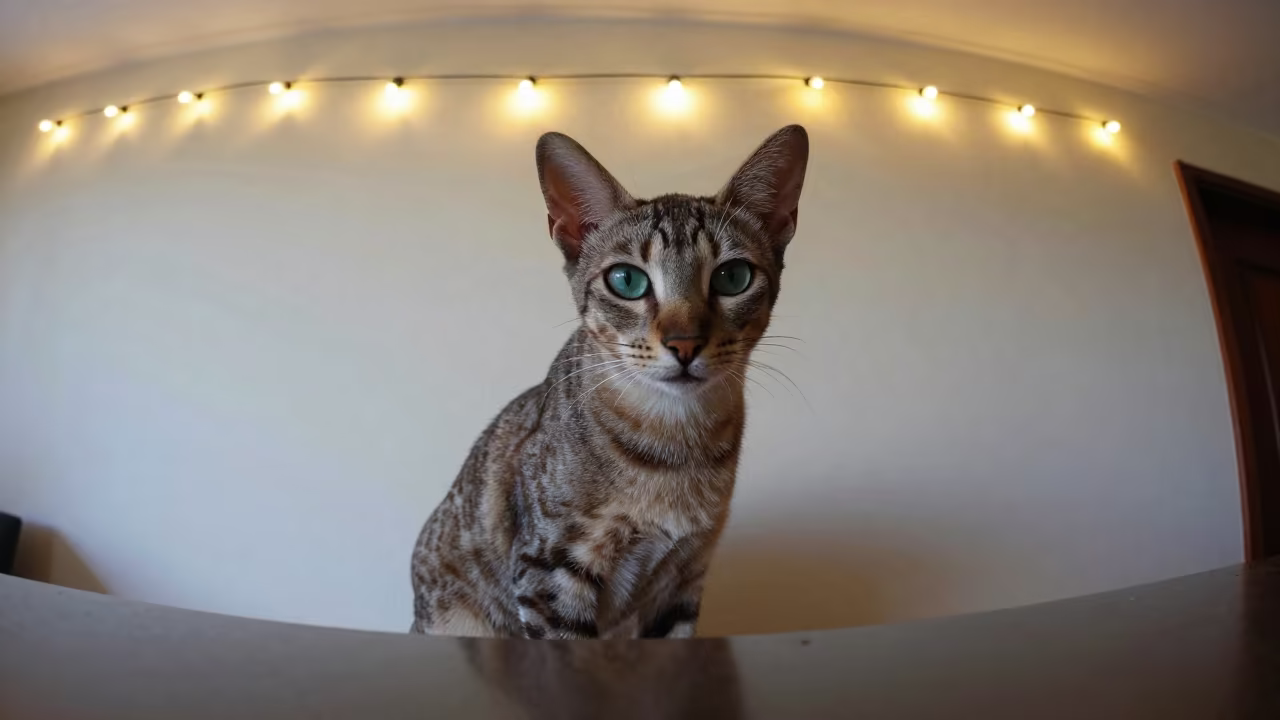 Egyptian Mau Cat Portrait in Shimla Night Light in beside a plain plaster wall in soft indoor light with the animal centered in frame near Shimla