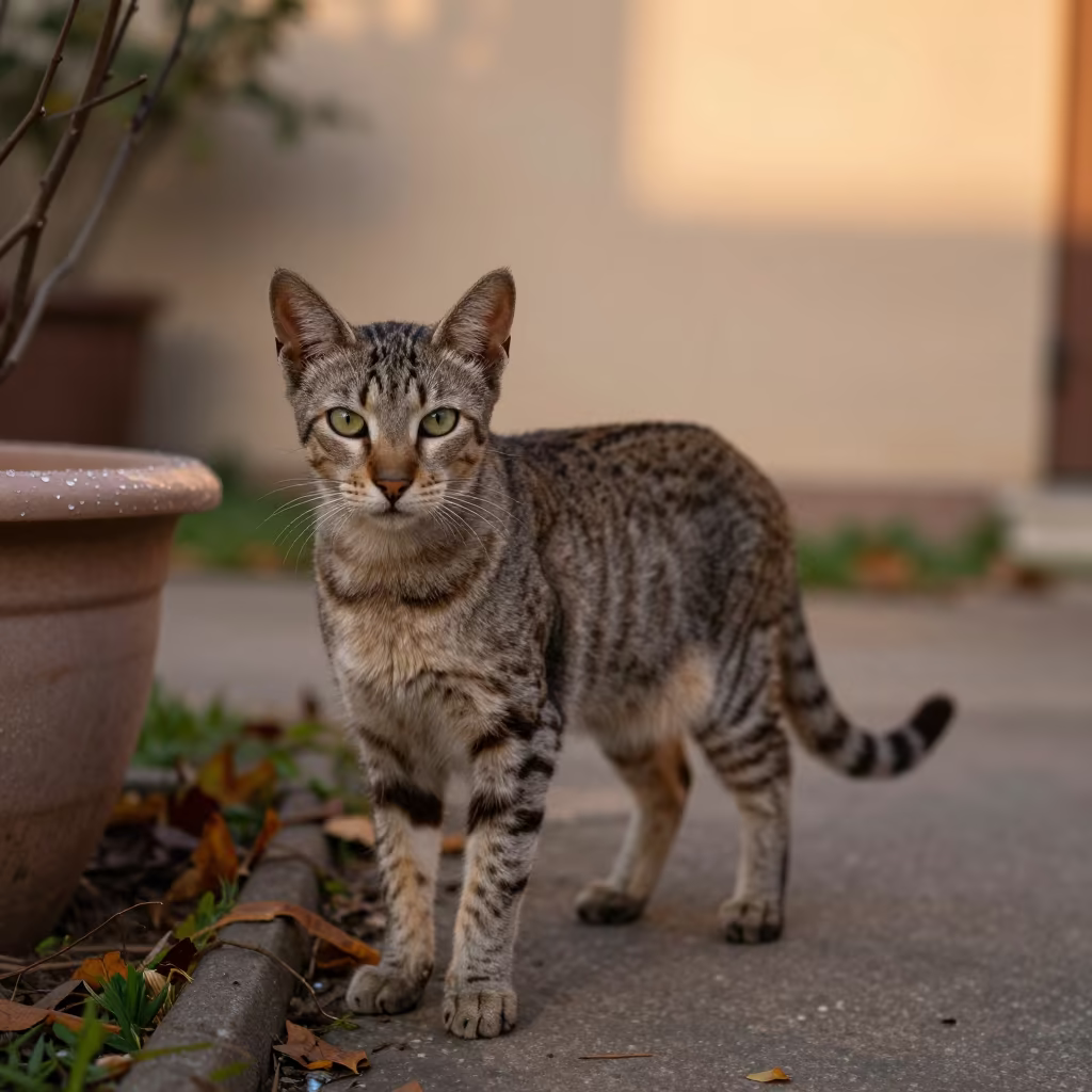 Egyptian Mau Cat Portrait Near Garden Edge in near a garden edge with soft morning light and an uncluttered background in Mashhad