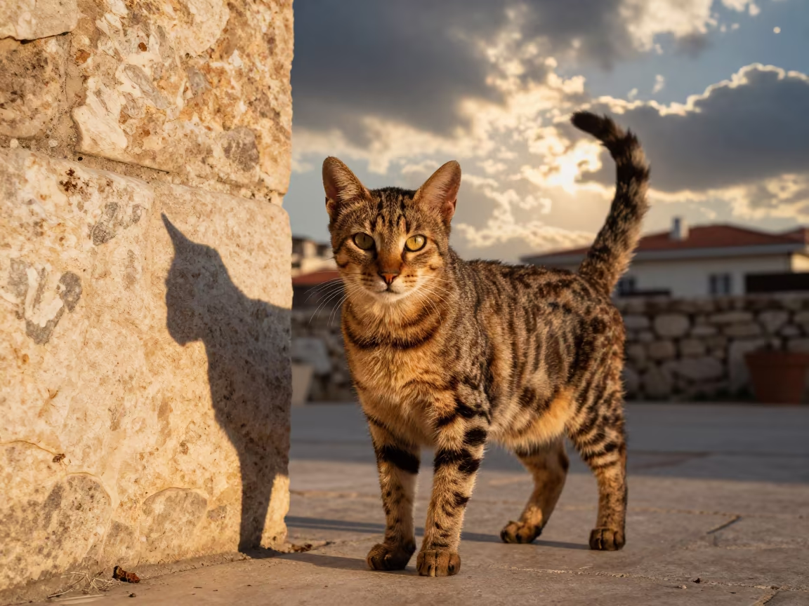 Egyptian Mau Portrait Golden Hour Izmir Courtyard in beside a plain courtyard wall in clear daylight with the animal at eye level in Izmir