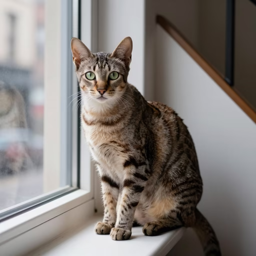Egyptian Mau Portrait in New York Studio Corner in in a quiet portrait studio with a plain backdrop and eye-level framing in New York