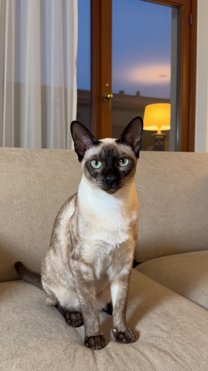 Egyptian Mau Portrait on Sofa in Kut in on a sofa near a curtained window with calm indoor light in Kut
