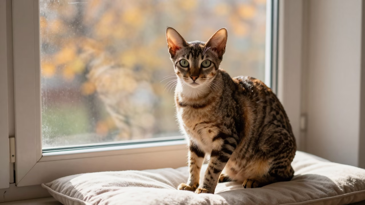 Egyptian Mau Portrait on Window Seat Soft Light in on a cushioned window seat with soft side light and an uncluttered background in Turkistan