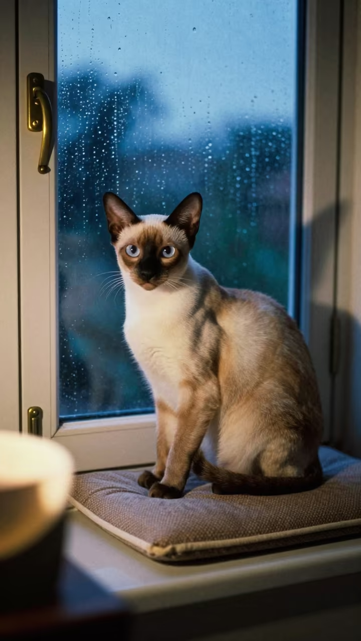 Egyptian Mau Portrait on Window Seat Thrissur in on a cushioned window seat with soft side light and an uncluttered background in Thrissur