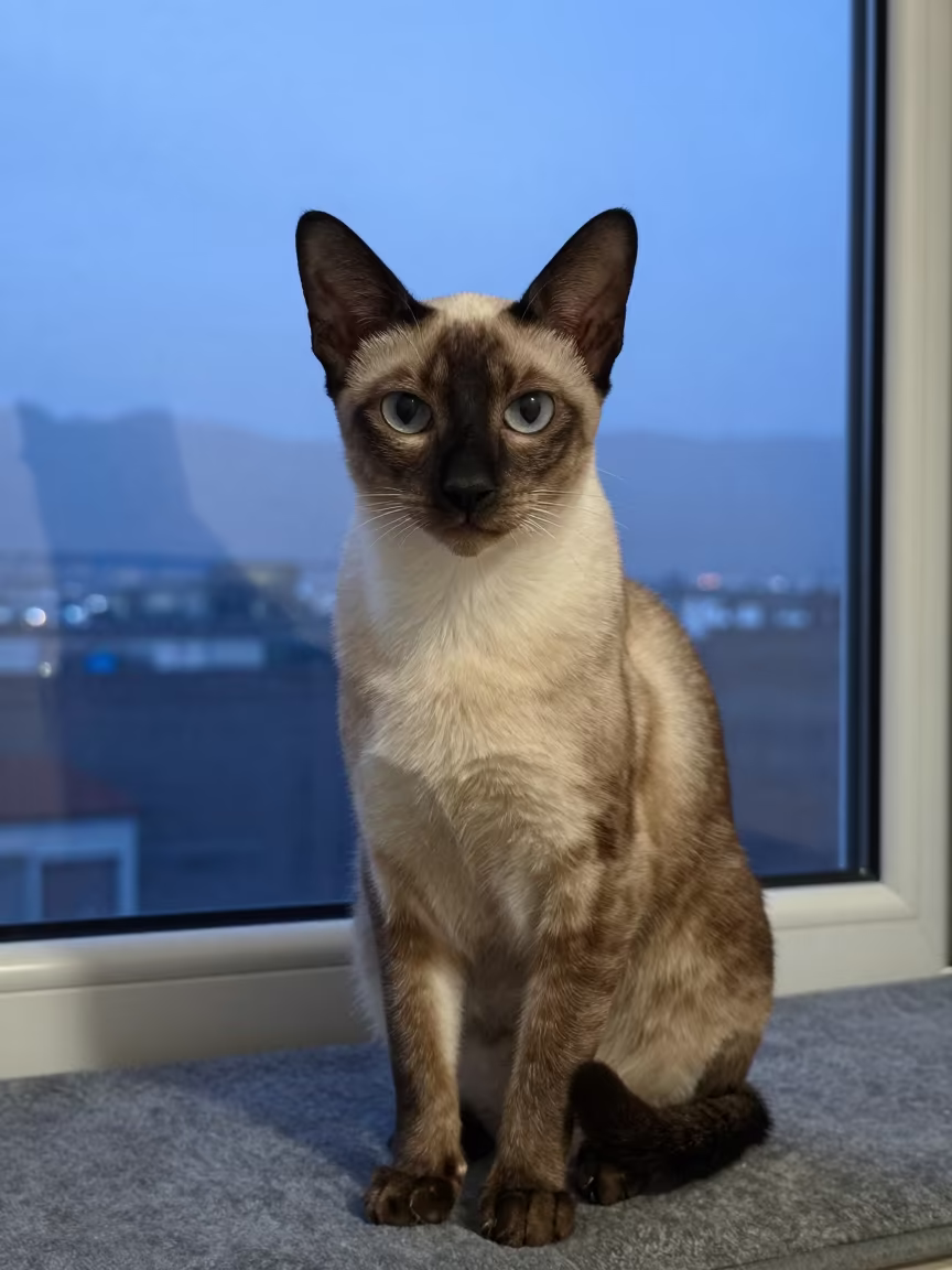 Egyptian Mau Portrait on Window Seat Twilight in on a cushioned window seat with soft side light and an uncluttered background near El Alto