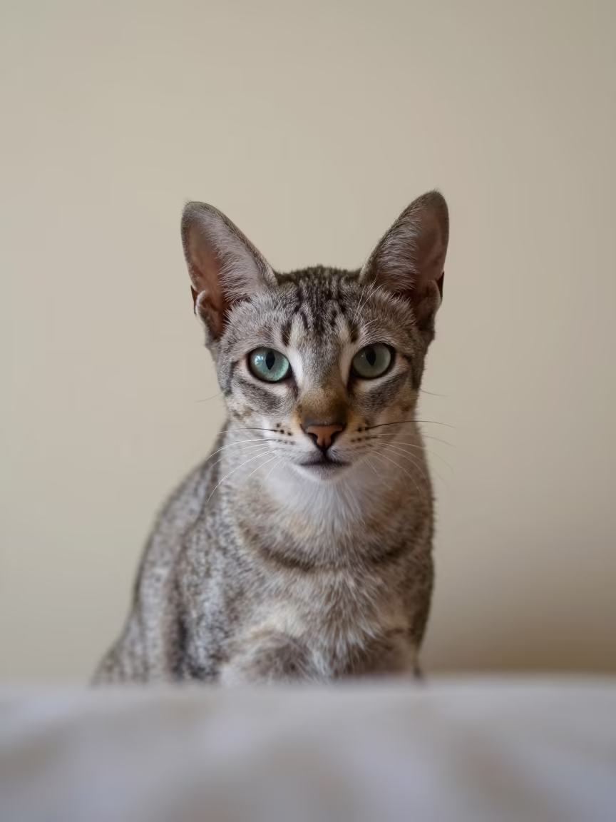 Egyptian Mau Portrait Soft Indoor Light Kyoto in beside a plain plaster wall in soft indoor light with the animal centered in frame near Arashiyama, Kyoto
