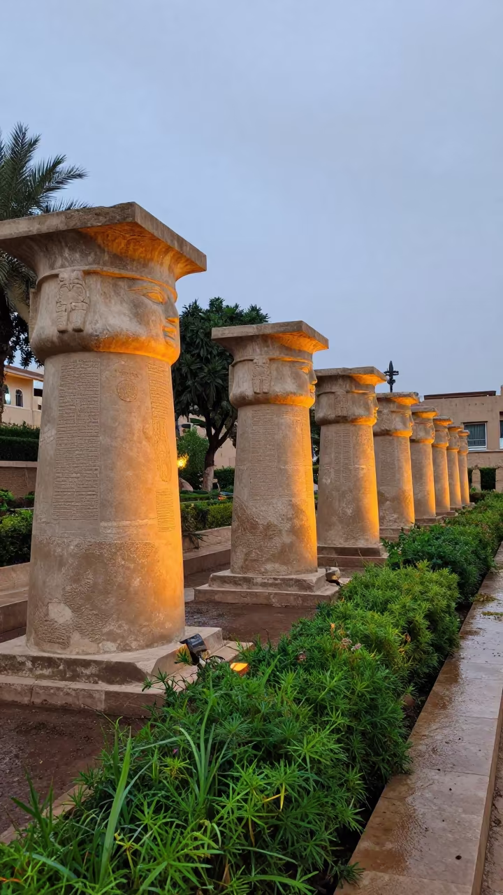 Egyptian Papyrus Capitals in Cairo Garden in among terraced garden plots near Cairo