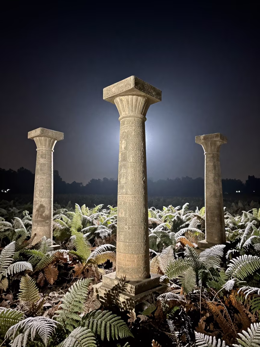 Egyptian Papyrus Capitals in Winter Punjab Forest in on a fern-lined forest floor in Punjab
