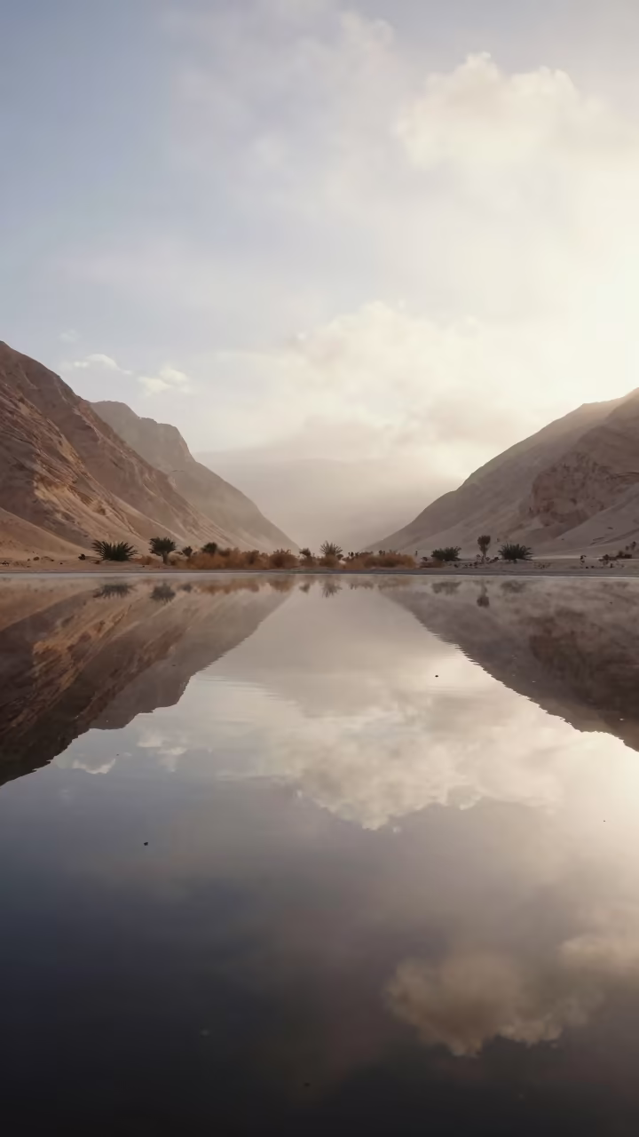 Egyptian Playa Lake Sky Reflection Mist in across a wide valley floor in Egypt