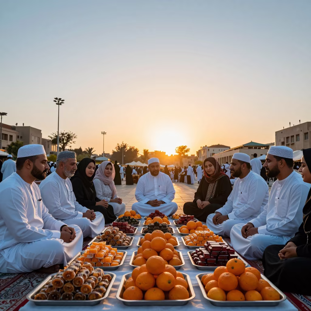 Eid al-Fitr Gathering with Sweets in Benha Square in at a public square during a festival in Benha