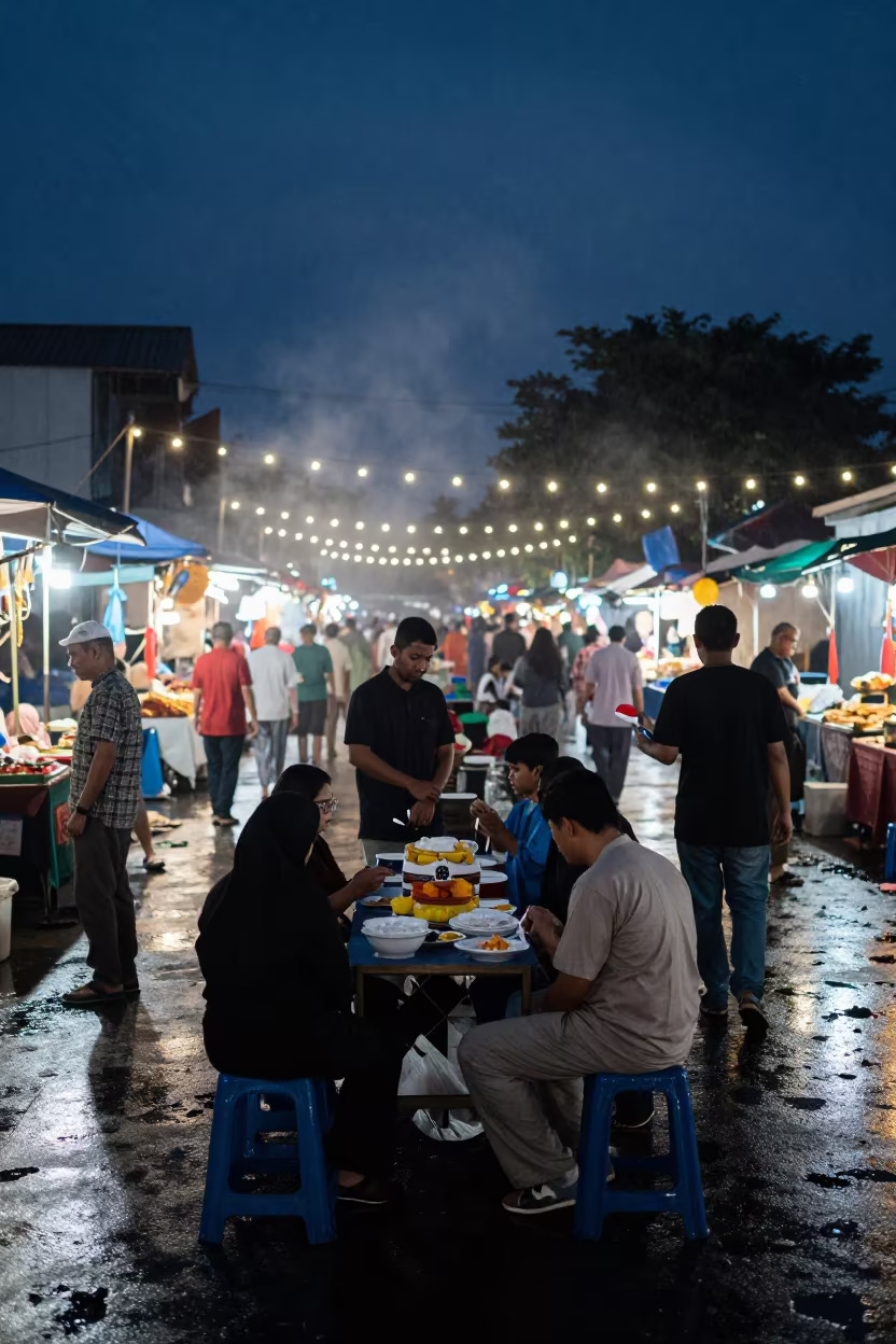 Eid Family Silhouettes Night Market Bandar Lampung in at a night market in Bandar Lampung