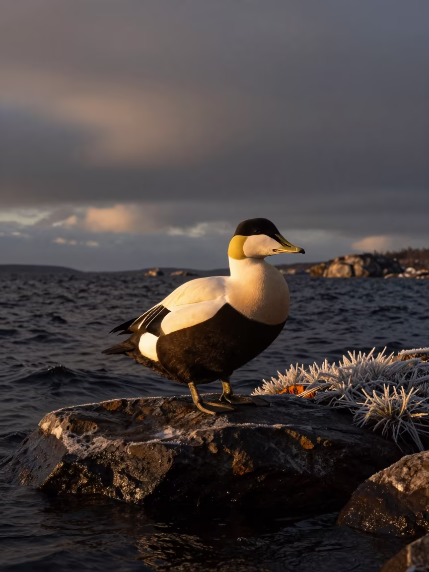 Eider Duck on Rock During Polar Night in along a game trail in Finland