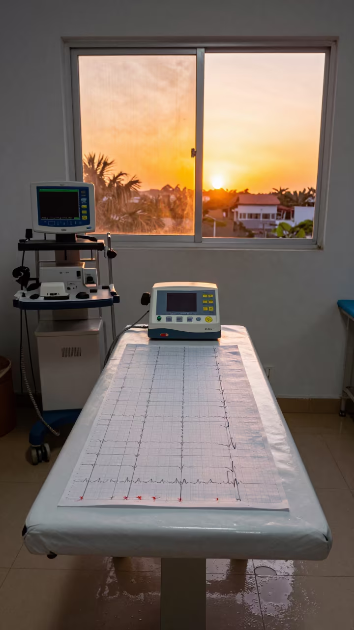EKG Lead Organizer in Dar es Salaam Clinic in inside a clinic exam room in Dar es Salaam