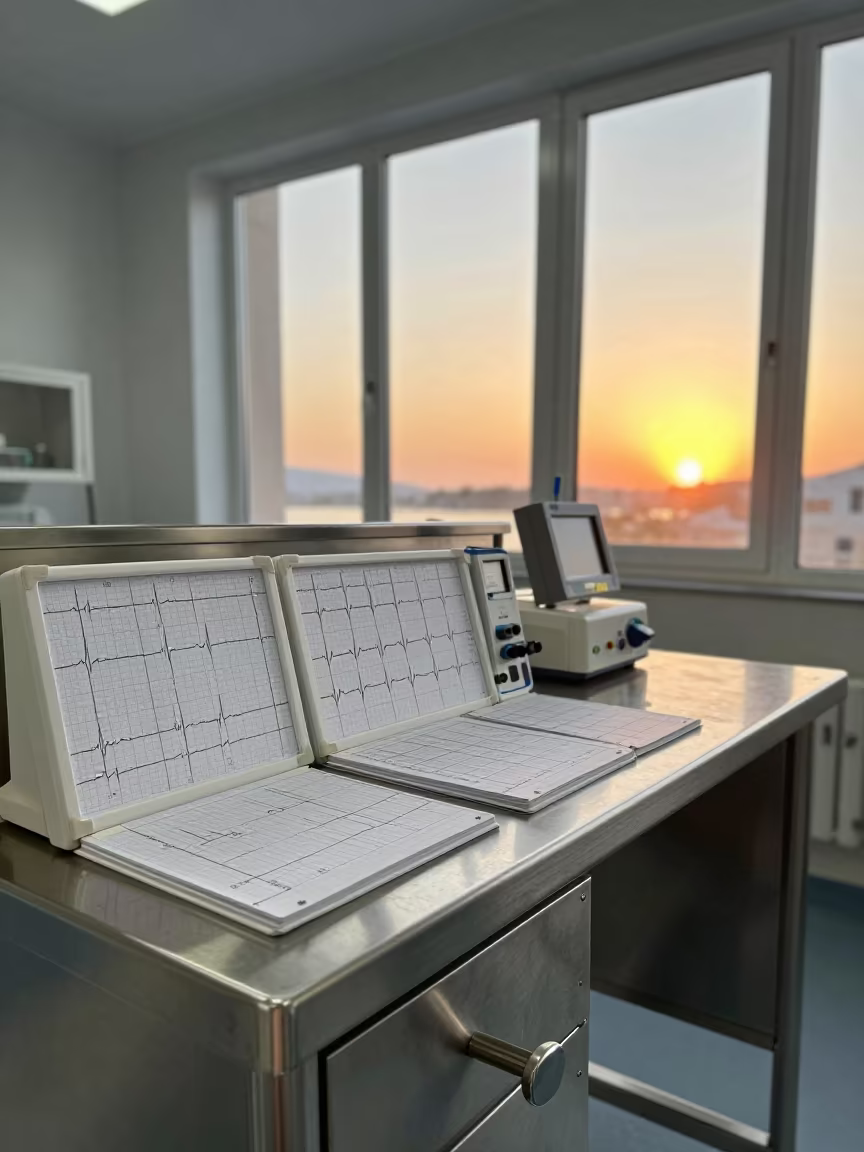 EKG Lead Organizer on Hospital Counter at Sunset in in a surgical prep area in Zadar