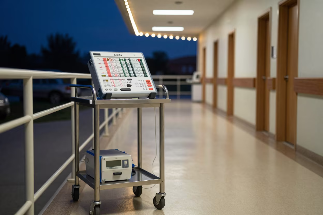 EKG Lead Organizer in Kumba Hospital Corridor in inside a hospital corridor in Kumba