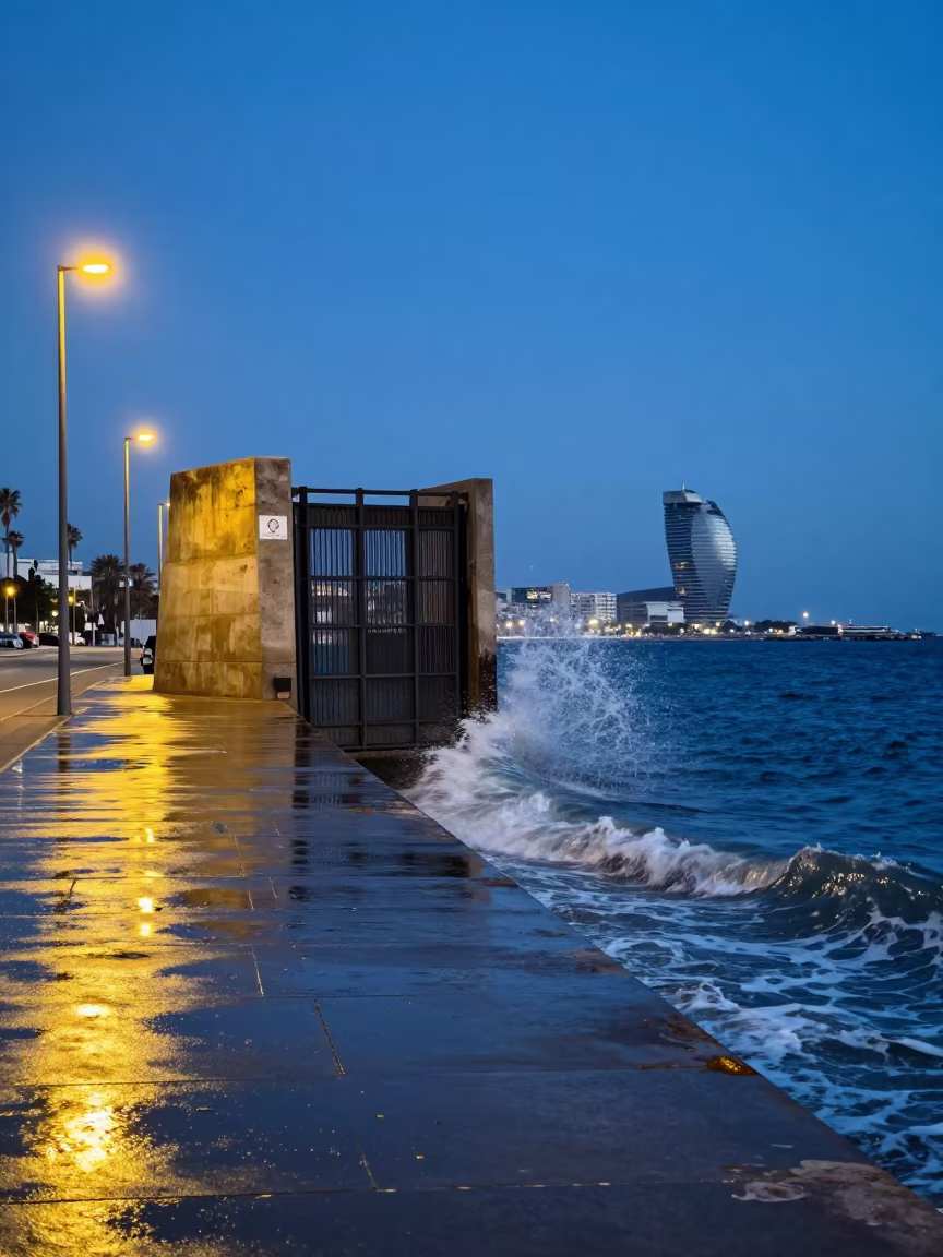 El Born Sea Wall Gate Blue Hour Harbor in along a levee path above floodwater in El Born, Barcelona