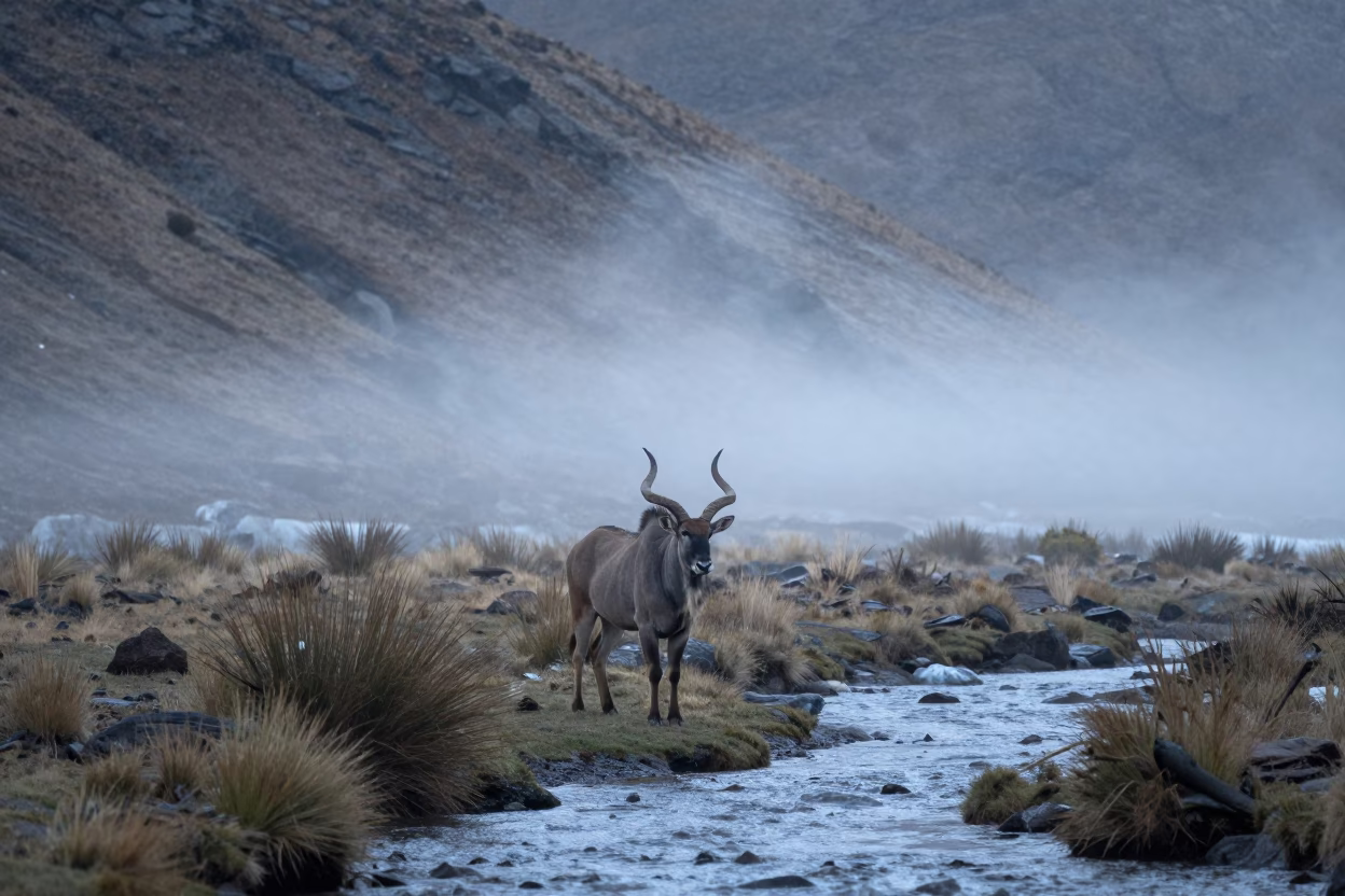 Eland Bull in Morning Mist Near Arequipa Stream in above a glacial stream near Arequipa