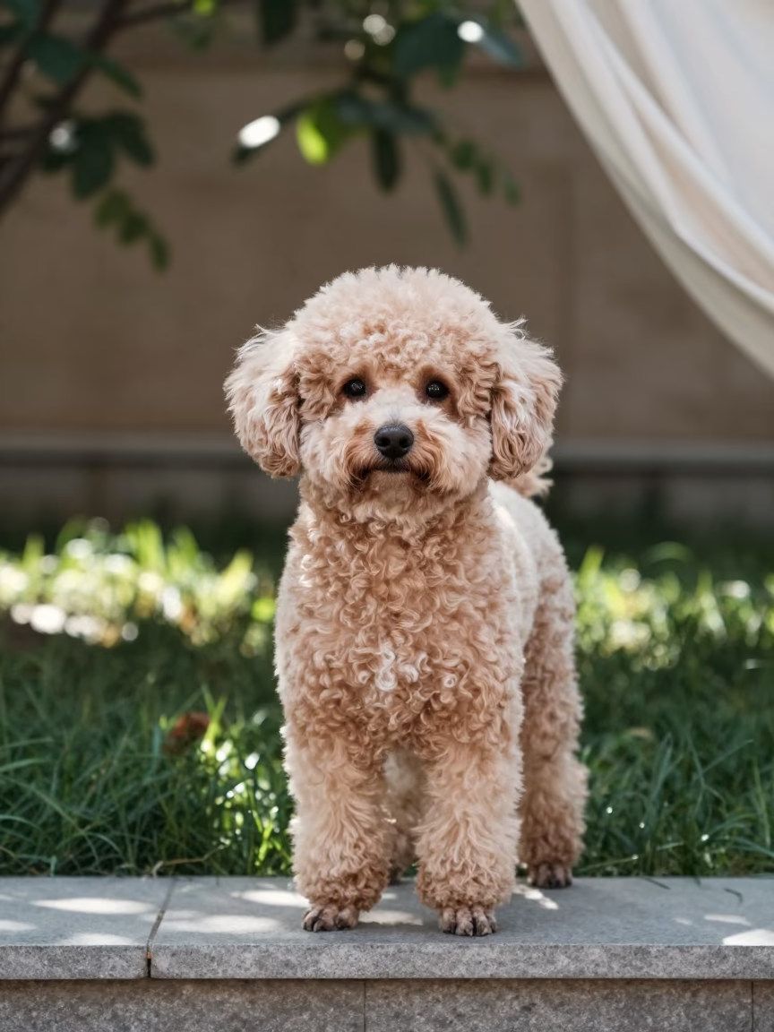 Elazig Teacup Poodle Portrait in Garden Light in in a small yard with clipped grass, calm light, and the animal centered in frame in Elazığ