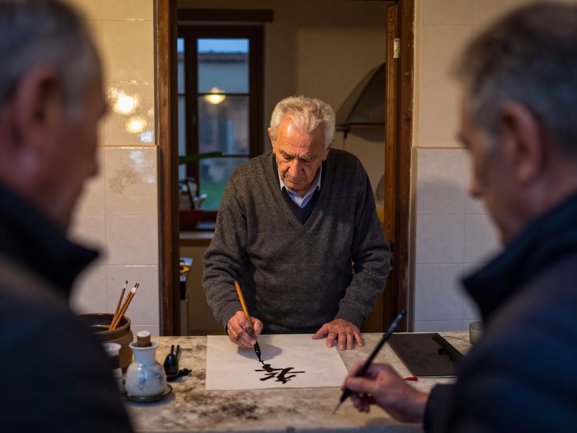 Elderly Calligrapher Ink Fingertips Twilight Neon in in a tiled kitchen doorway in Terni