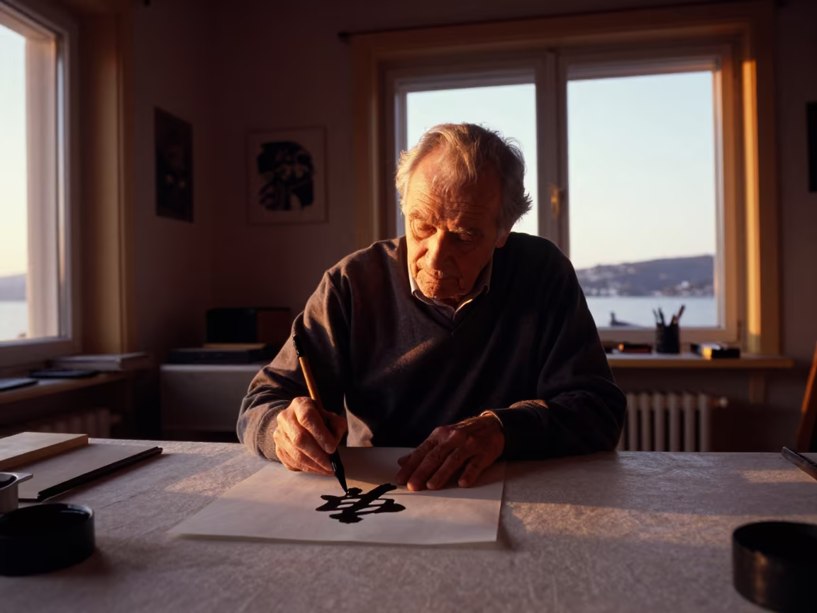 Elderly Calligrapher with Ink Stained Fingers in in a north-lit studio in Sandvika