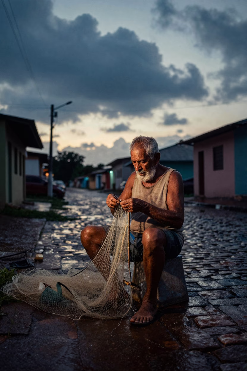 Elderly Fisherman Mending Nets in Belem Twilight in in a village lane near Belem