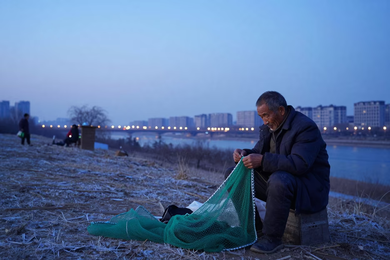 Elderly Fisherman Mending Nets at Dusk in on a hillside near Tianjin